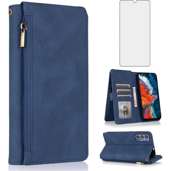 Asuwish Wallet Kickstand Hard Shell Cell Phone Case with Tempered Glass Screen Protector for Samsung Galaxy A25, Blue