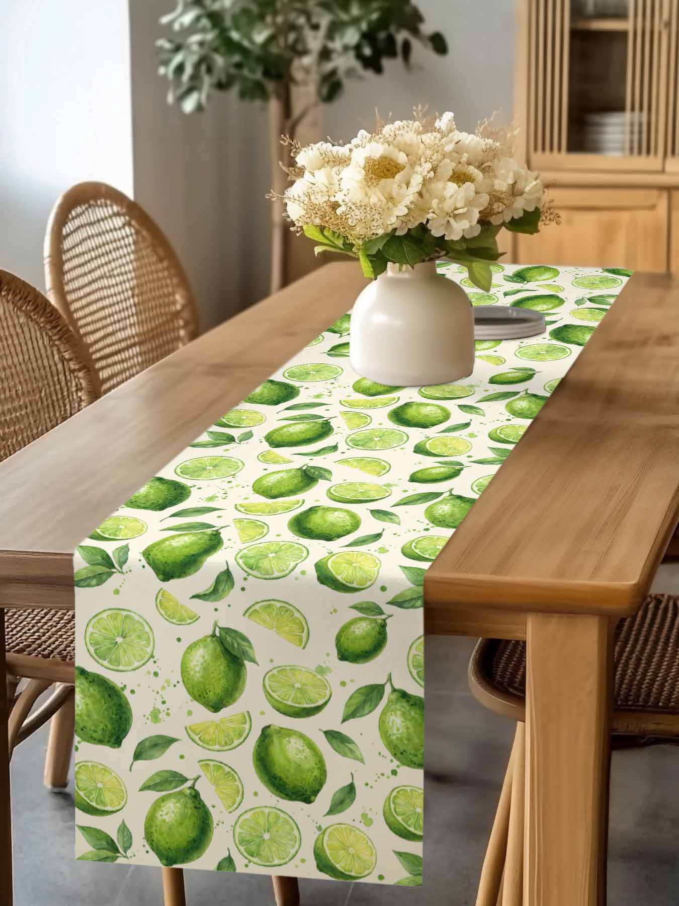Summer Fruit Table Runner, Watercolor Green Lemon Lime Slice Leaf Rustic Washable Cotton-linen Table Runners Dining Kitchen Decoration for Everyday Home Wedding Party Decor, 13 x 90 Inch