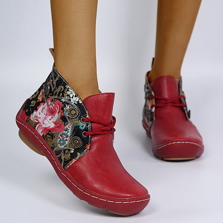 

Juebong Boots Deals Retro Women Leather Flat Lace-Up Flower Print Short Booties Round Toe Shoes Vintage Flower Ankle Boots