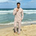 thumbnail image 4 of GrmtClth Minimalist Daily Mens Outfit Henley Stand Collar Long Sleeve Shirt and Drawstring Pants Multi Occasion Casual Set Khaki 2XL, 4 of 6