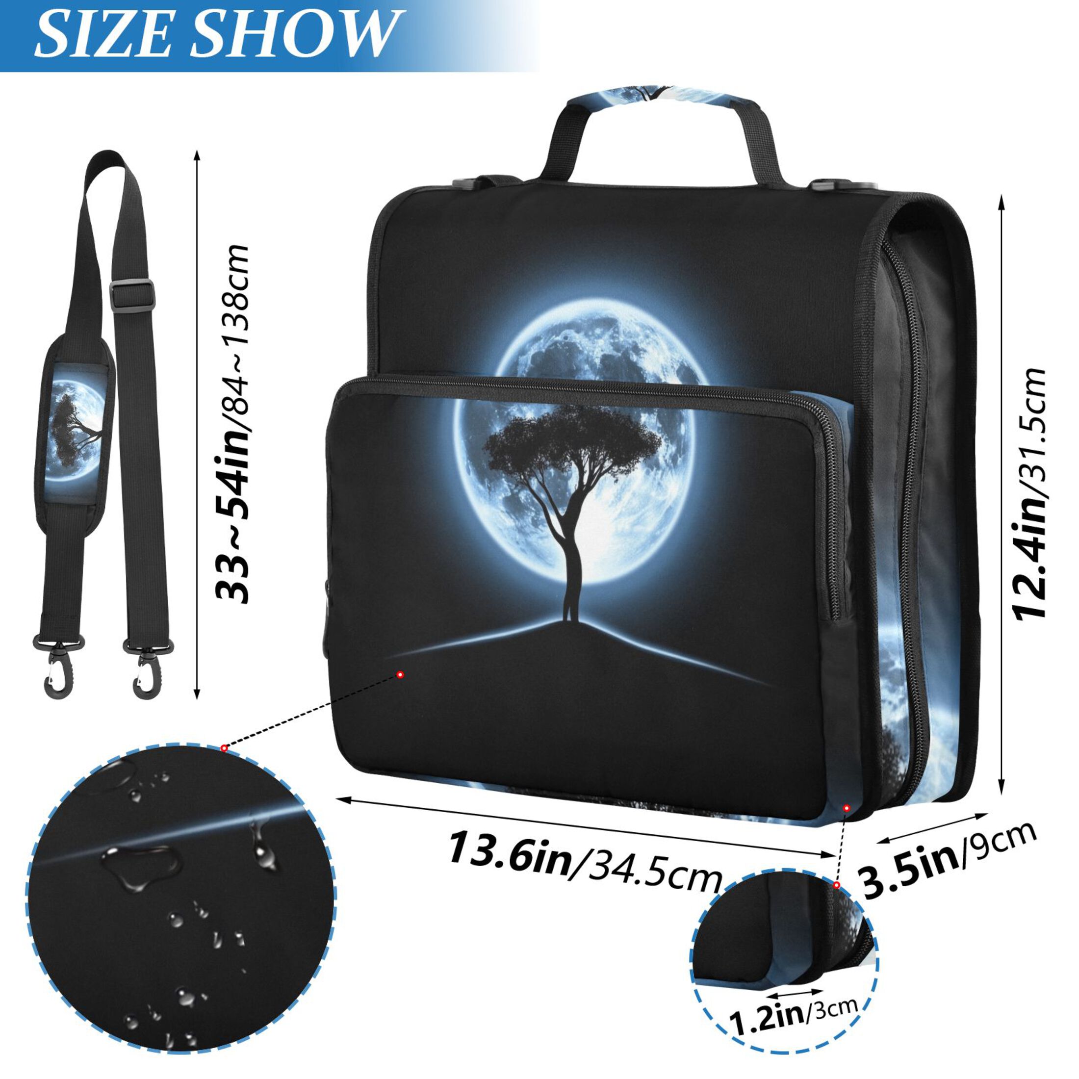 3 Ring Zipper Binder with Shoulder Strap Waterproof Trapper Keeper 2 Inch D-Ring 500 Sheets Capacity Tree and Moon