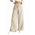 thumbnail image 2 of Corduroy Pants for Women Casual High Waisted One Buttoned Stretchy Loose Fit Wide Leg Pants with Pockets Cream White L, 2 of 9