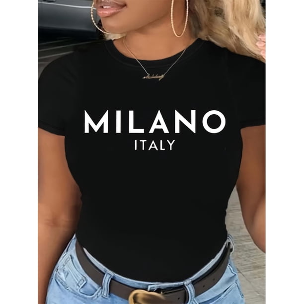 Milano Italy Letter Print T-Shirt - Casual, Soft Black Crew Neck, Short Sleeve for Women, Machine Washable
