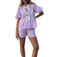 thumbnail image 2 of Aojekbee Women Shorts Set, Striped Short Sleeve Tie-up Shirt with Elastic Waist Shorts Summer Outfit, 2 of 7