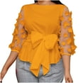thumbnail image 2 of Summer Saving Wycnly Womens Tops Dressy Casual Going out Elegant Mesh Patchwork Plus Size Elastic Waist Tunic Shirts with Belt Summer 3/4 Sleeve Round Neck Tops Solid Blouse Yellow XXL, 2 of 4