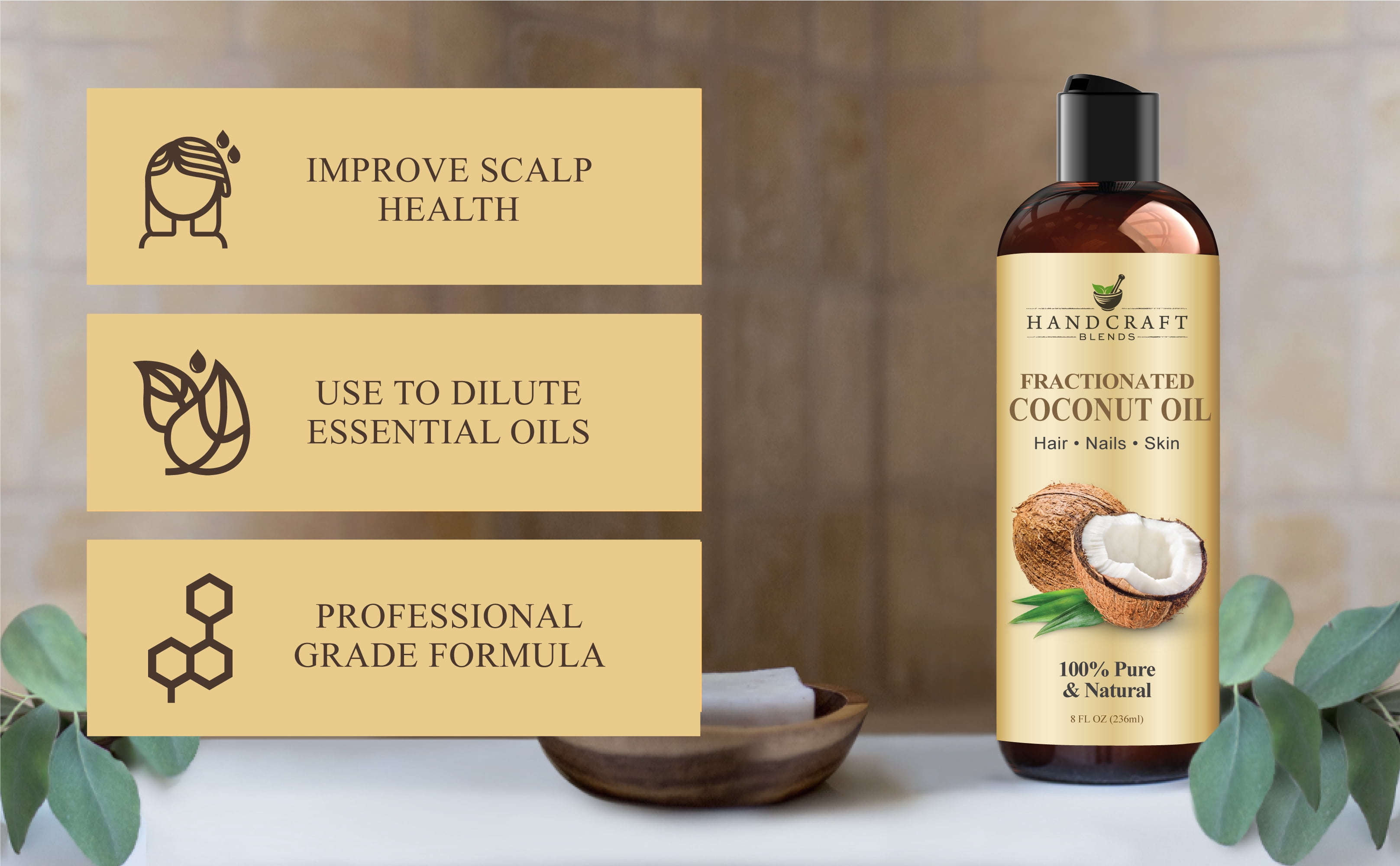 Handcraft Blends Fractionated Coconut Oil for Skin, Hair and Body, Premium Grade Carrier Oil, 8 oz