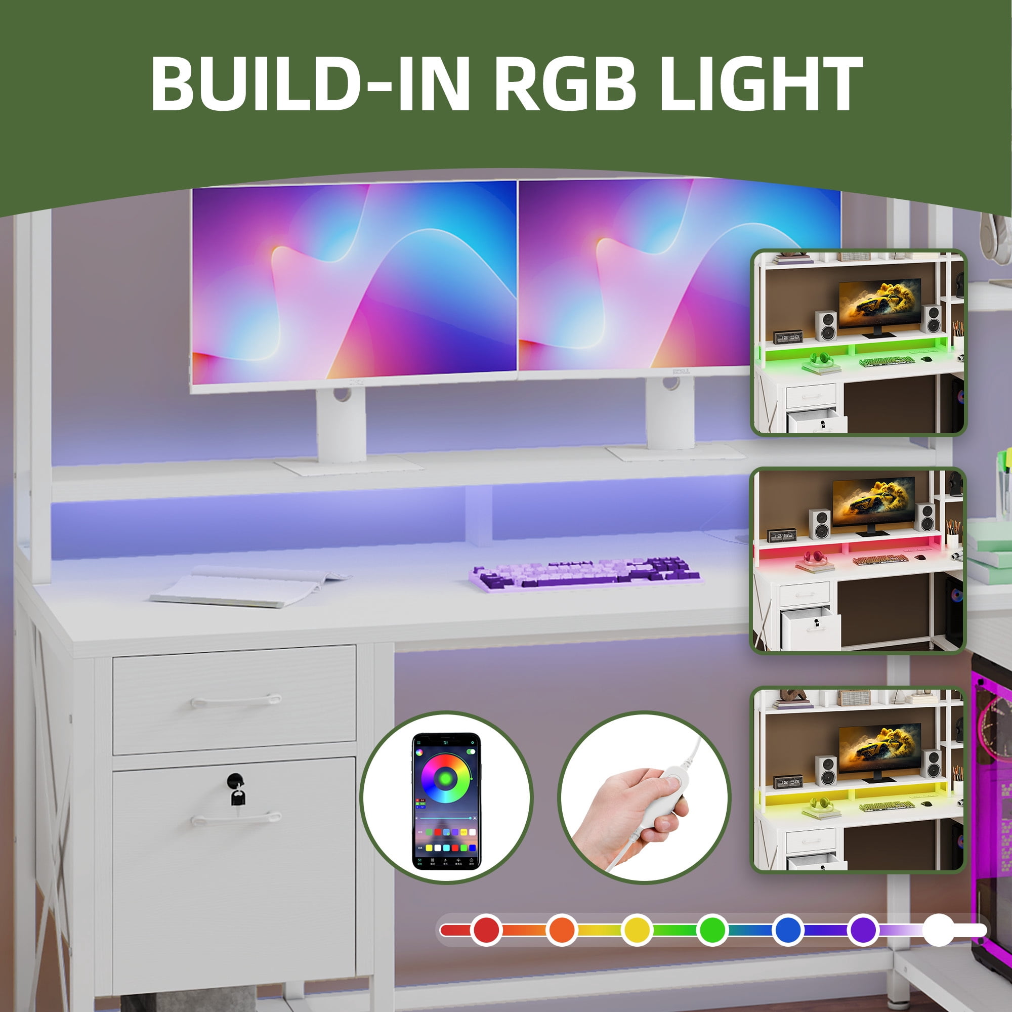 Uforic 59.1 Inch Rustic Brown Computer Desk with Hutch & Drawers with RGB LED Light Strip Multi-Shelf Storage with Sturdy Metal Frame, White