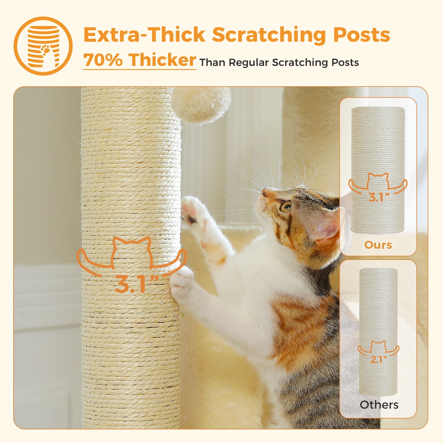 Pefilos 57" Cat Tree Tower for Indoor Cats, 5-Level Cat Condo with Large Hammock, Big Top Perch and 4 Sisal Covered Scratching Pos, Beige
