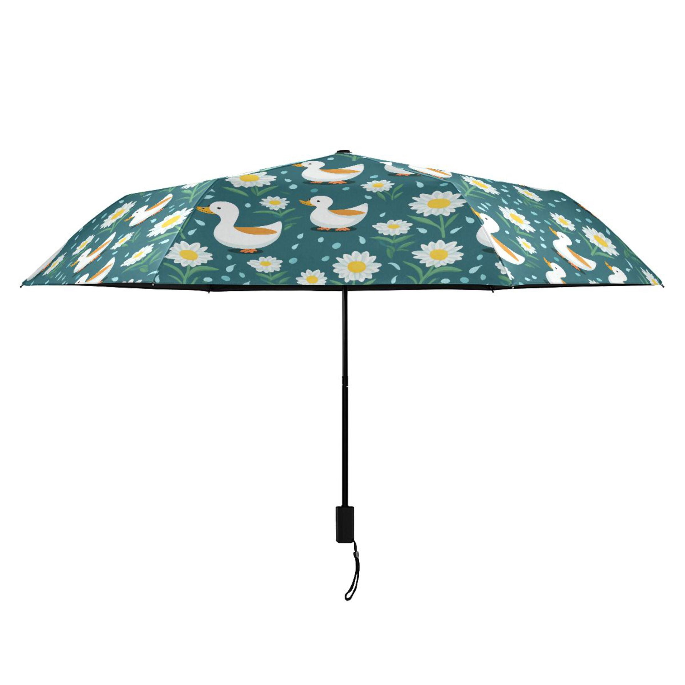 Cartoon Cute Duck and Daisies Compact Sun Umbrella Windproof Travel Umbrellas for Rain Strong Portable UV Protection