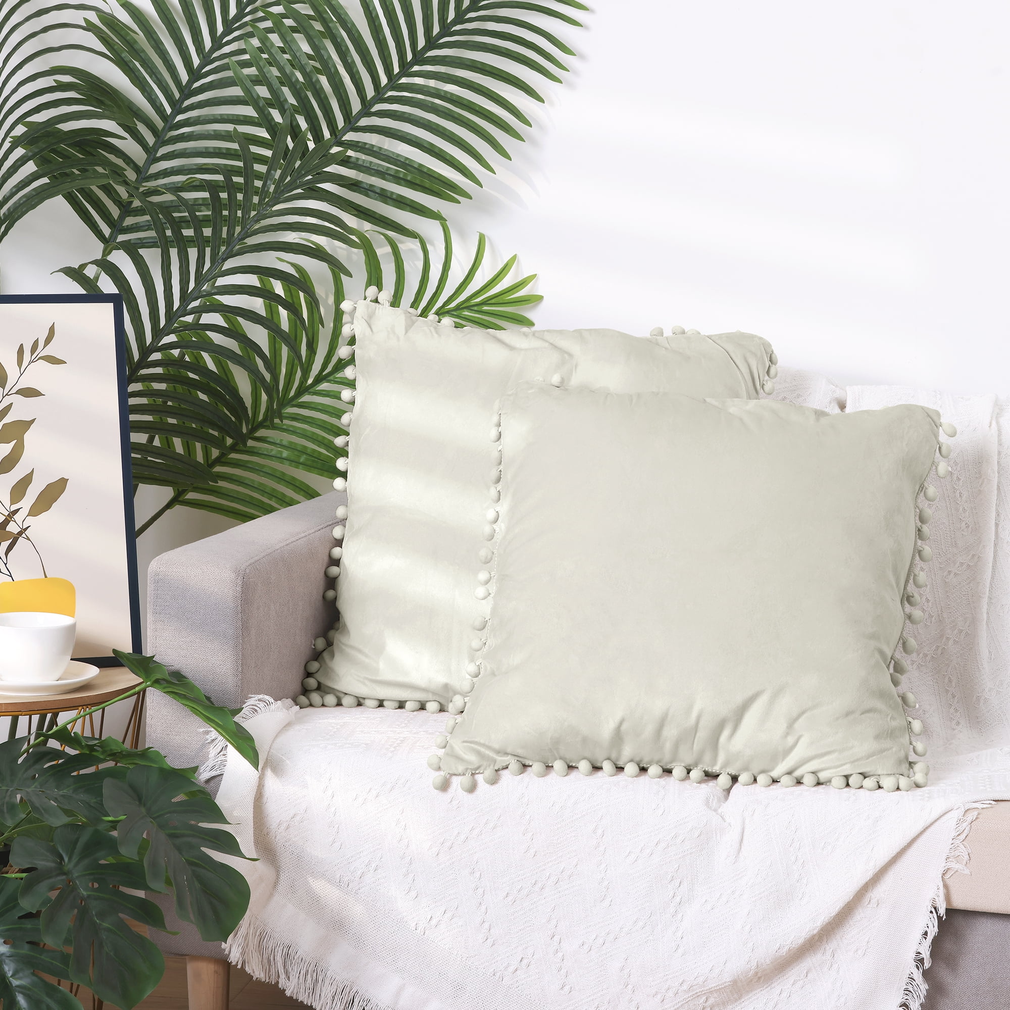 Unique Bargains Velvet Throw Pillow Covers 4 Pcs Pompoms Decorative Pillow Cases Beige/Dark Blue 20" x 20"