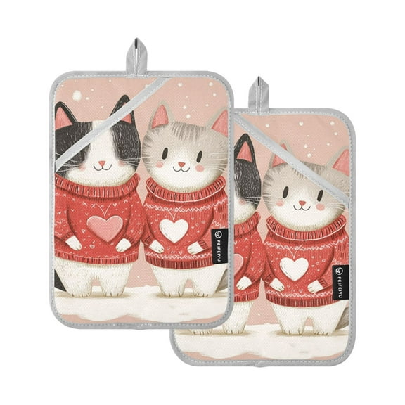 Cute Cats in Valentine's Day Potholders Heat Resistant Pot Holder Set of 2 Oven Hot Pads with Pocket