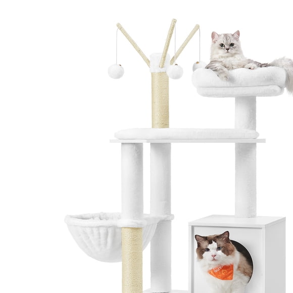 Feandrea Woodywonders Arbre à Chat avec Meuble Cache-Litière, Tour Moderne 2-en-1, Condo pour Chat avec Poteaux à Griffer, Bâtons à Pompon Amovibles