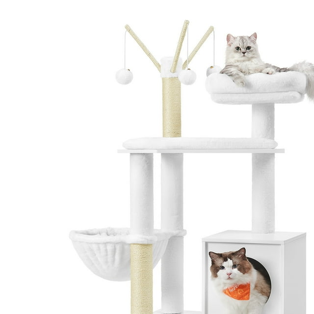 Feandrea Woodywonders Cat Tree with Litter Box Furniture Hidden Enclosure, 2-in-1 Modern Tower, Cat Condo with Scratching Posts, Removable Pompom Sticks