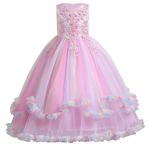 IBTOM CASTLE Flower Girl Princess Floral Boho Lace Embroidered Pageant Dresses for Kids Party Wedding Puffy Communion Maxi Gown 5-6 Years Rainbow Pink