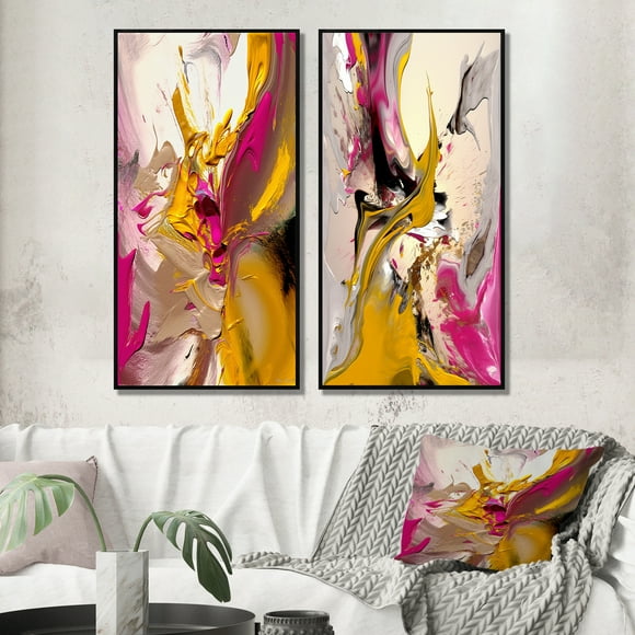 Designart "Soul's Adagio Abstract Expressionism III" Abstract Painting Framed Wall Art Set Of 2 - Modern Pink Framed Wall Art Set Of 2