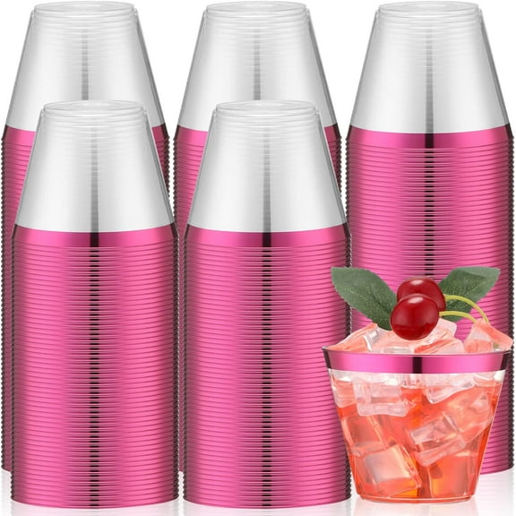 100 Pcs 9oz Rimmed Plastic Cups Wedding Clear Cocktail Cups Heavy Duty Disposable Wine Glasses for Birthday Bridal Shower Baby Shower Holiday Celebrations(Hot Pink)