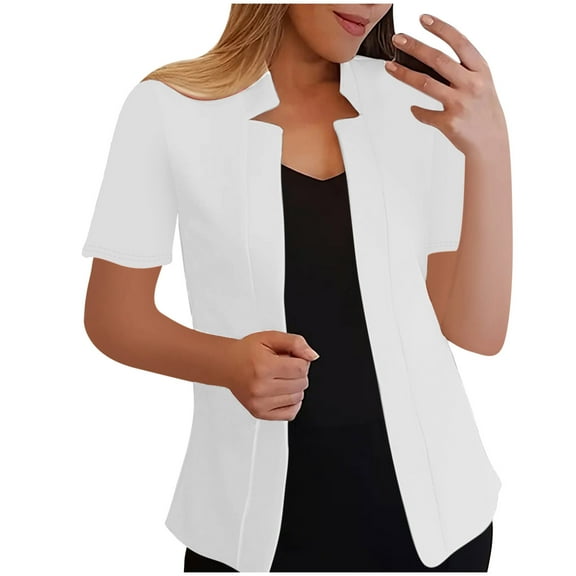 hoksml Women's Cardigan Jacket Coat Top Work Shirt Solid Color Blouses Casual Short Sleeved Summer Office Tops Business Professional Clothes