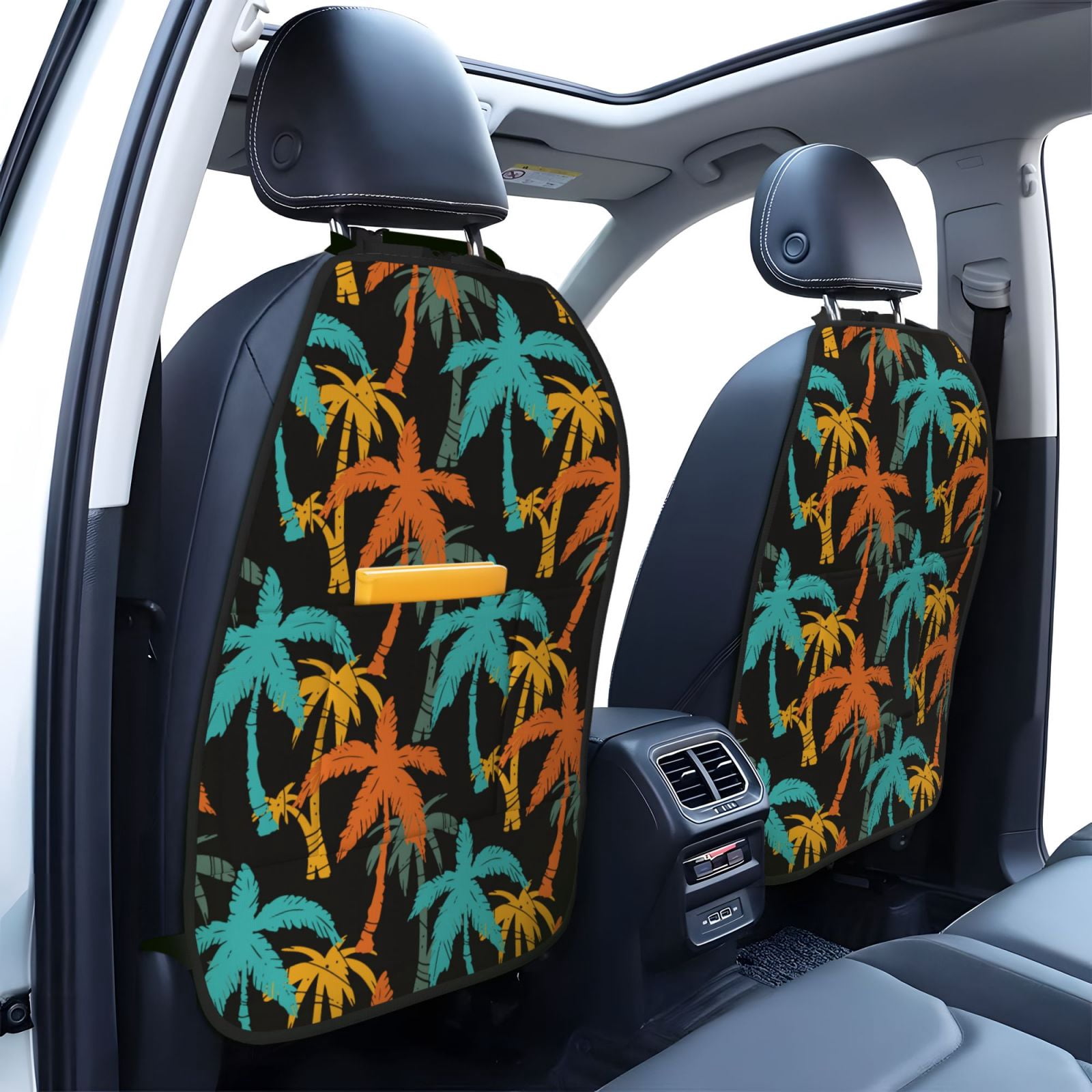 Kdxio Palm Trees Print 2 Pack Car Kick Mat Seat Cover Back Protector Mat with Pockets for Organizer Backseat Protector and Storage Anti Kick Pad for Vehicles