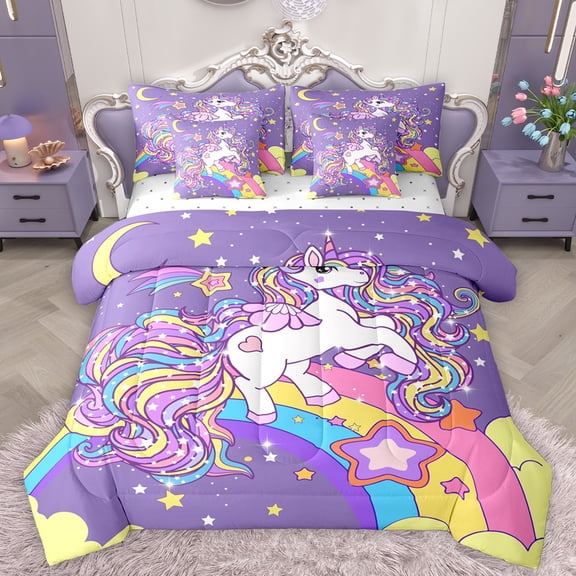 Homewish Dreamy Purple Unicorn Twin Bedding Sets 7-Piece, Cartoon Stars Rainbow Bedding Comforter Set, Kawaii Cute Animal Sheet Sets, Microfiber Bedroom Decor