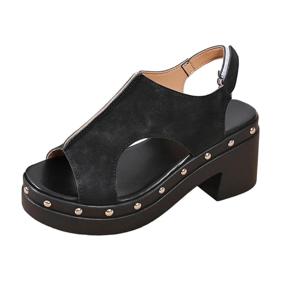 hoksml Women's Studded Cutout Block Heel Sandals Slingback PU Leather Casual Shoes Black Khaki