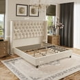 thumbnail image 2 of Merluxy King Bed Frame Upholstered Bed Wingback Headboard Velvet Tufted Deep Button/No Box Spring Needed/Easy Assembly/Cream, 2 of 7