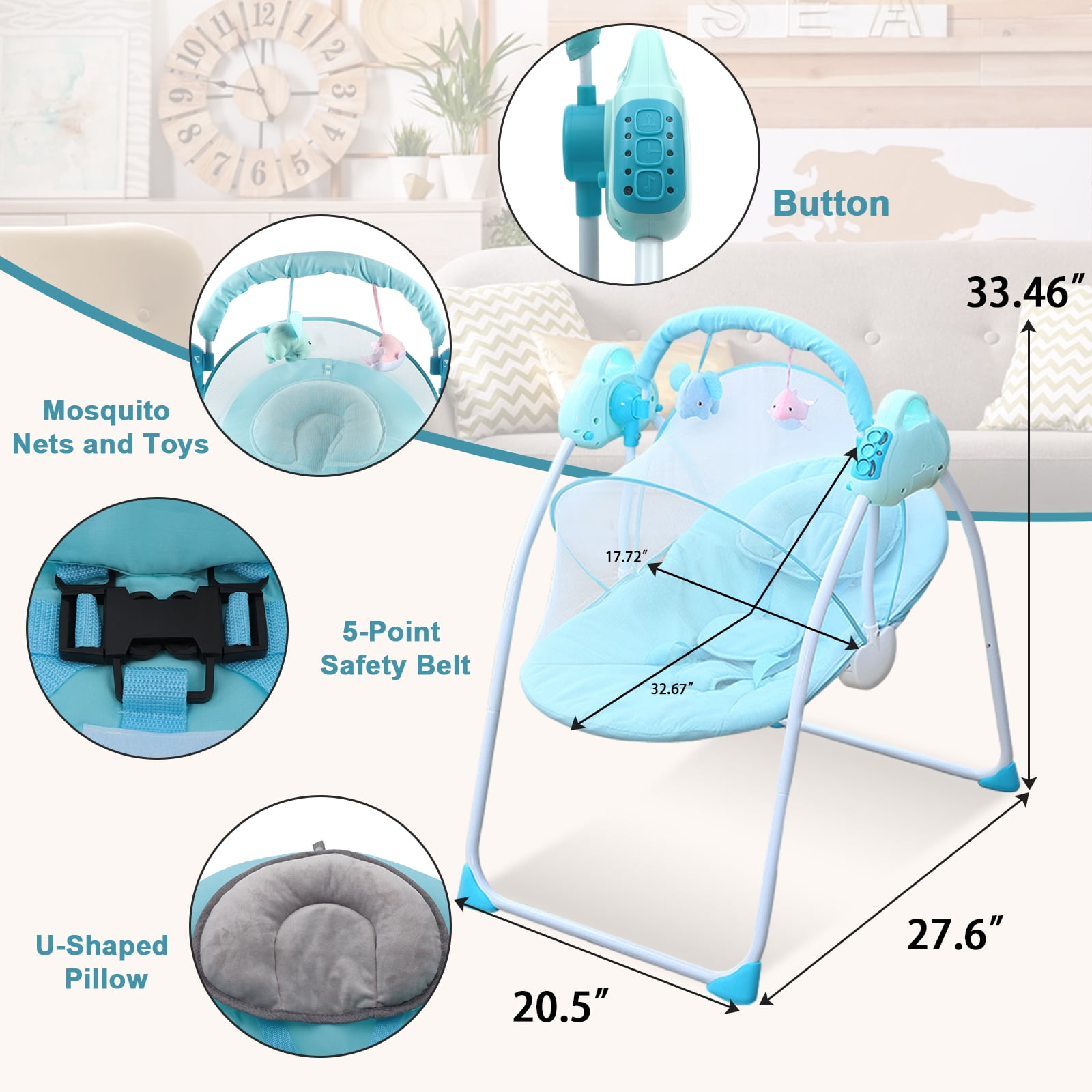 JieC Electric Baby Swing with Toy, Unisex, Suitable for Newborns From 0-36 Months,Blue