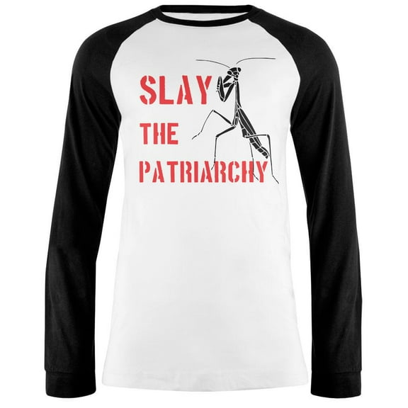 Praying Mantis Slay the Patriarchy Mens Long Sleeve Raglan T Shirt White-Black MD