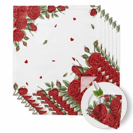 Valentine s Day Cloth Napkins Set of 6 Romantic Roses Flower Green Leaf Heart Petals Soft Washable Square Dinner Napkins for Party Wedding Restaurant Hotel Cocktail 20x20 Inch