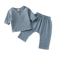 thumbnail image 1 of Girls Spring Outfits Solid Pullover Long Sleeve Linen Nine Inch Pants Crewneck Newborn Boy Clothes Blue 4-5 Years, 1 of 2