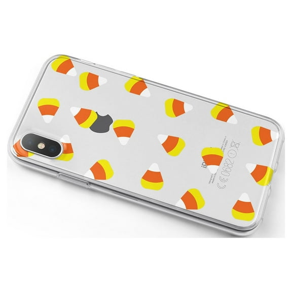 DistinctInk Clear Shockproof Hybrid Case for iPhone X / XS (5.8" Screen) - TPU Bumper, Acrylic Back, Tempered Glass Screen Protector - Repeating Candy Corn