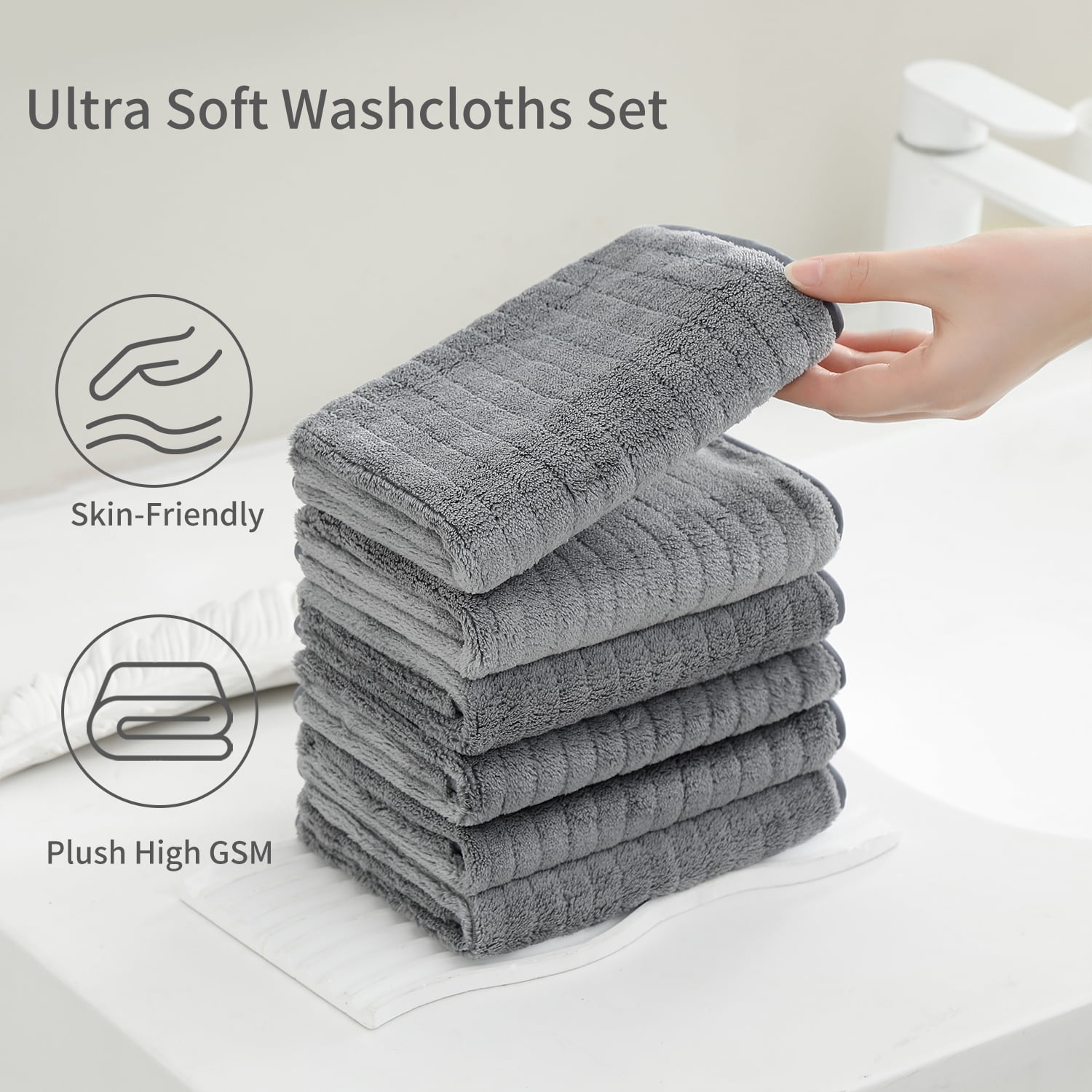 Jessy Home 24 Pack Dark Gray Stripe Washcloths for Bathroom 13x13 Inch Ultra Soft Hand Face Towels