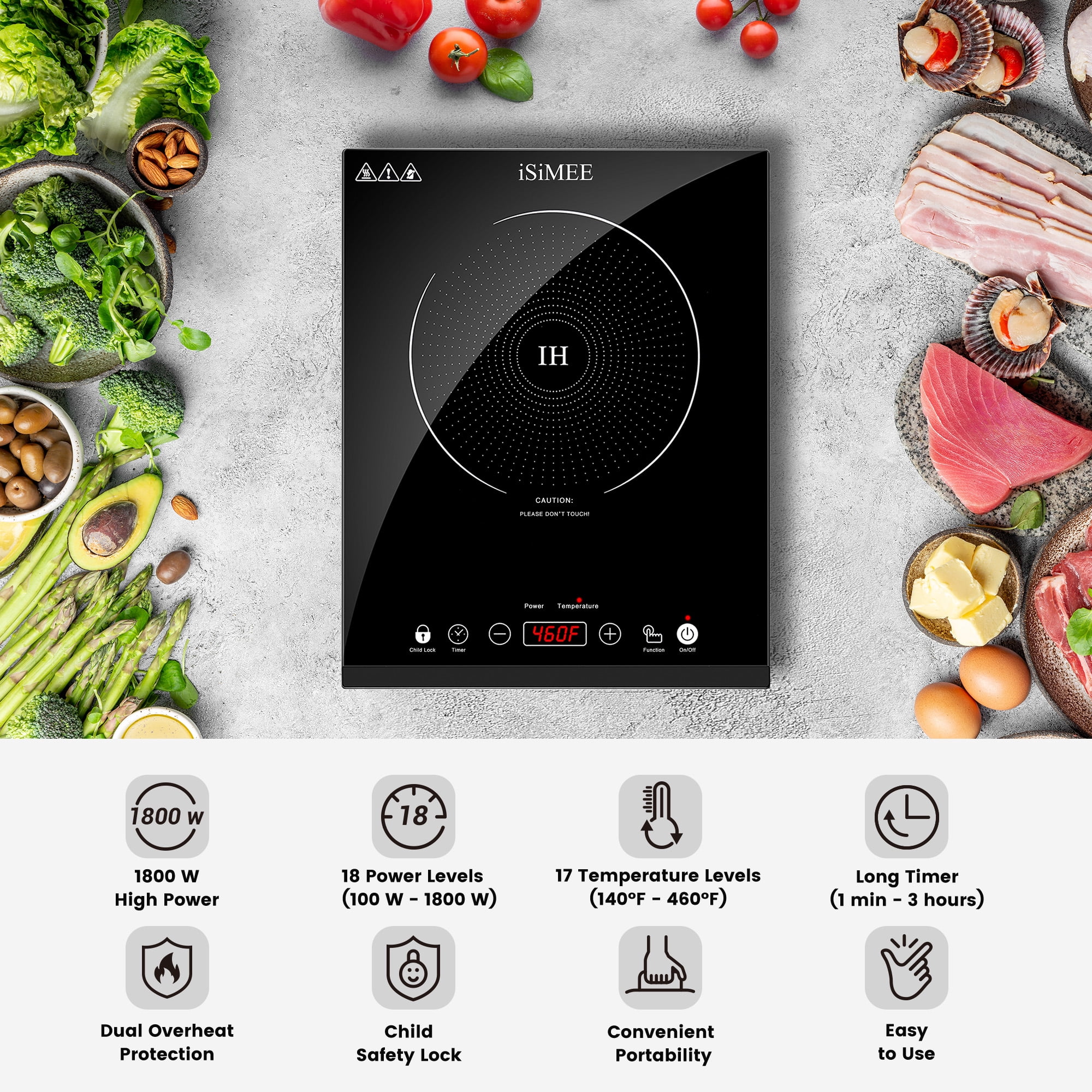 Portable Induction Cooktop, 1800W Sensor Touch Electric Induction Cooker Cooktop with Kids Safety Lock, Countertop Burner with Timer, 9 Power Levels Suitable for Iron, Stainless Steel Cookware