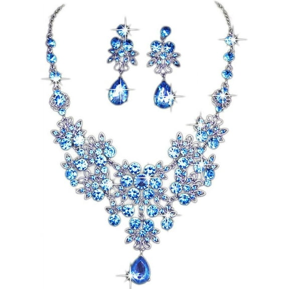 Namzi -a Charm Wedding Bridal Crystal Necklace Earrings Jewelry Set Fine Rhinestone Women's Prom Jewelry Statement (Blue)