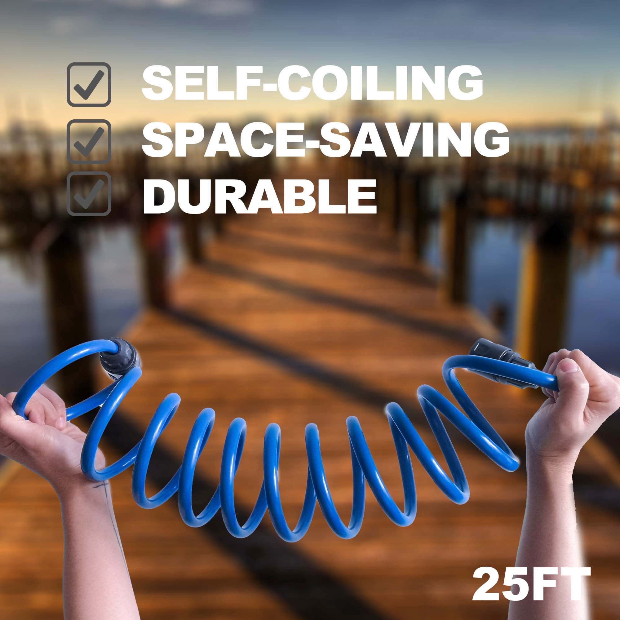 FUNJEE 1/2" Heavy-Duty EVA Coil 15 ft Garden Hose with 1/2" GHT Solid Brass Fittings, Water Hose with Brass Connectors (25FT, Blue)