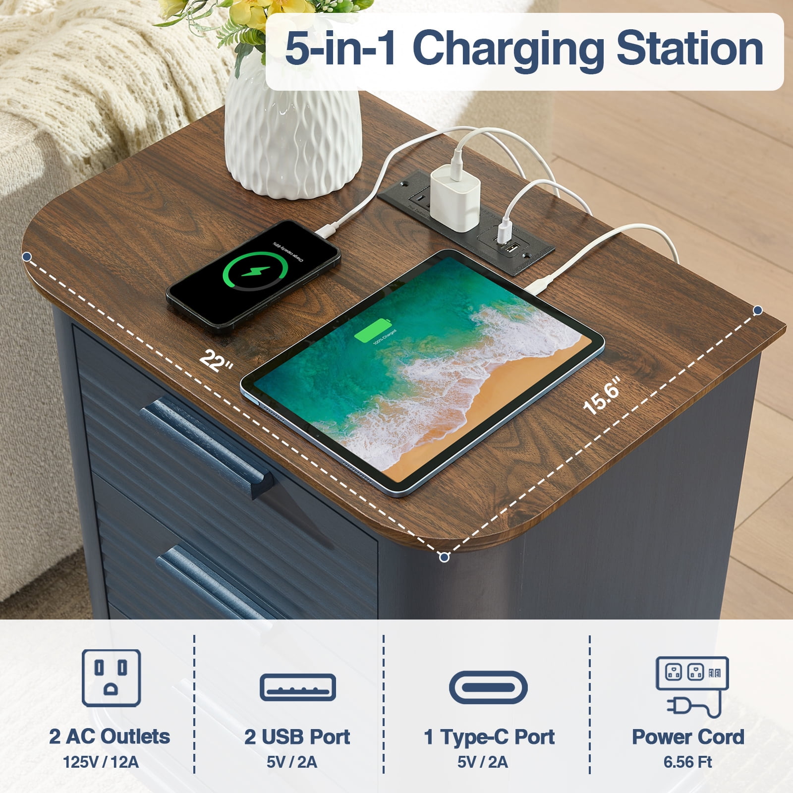 Hommoo 22" Wide Fluted Nightstand with Charging Station, Modern End Table Bedside Tables, 3 Drawer Dresser for Living Room, Bedroom, Home Office, Navy Blue