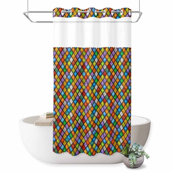 No Hook Shower Curtain, Colorful Rhombic Shower Curtains for Bathroom with See Through Top Window, Abstract Geometric Art Vintage Rustic Waterproof & Washable Bath Curtain Stand Up Stall 36"x72"