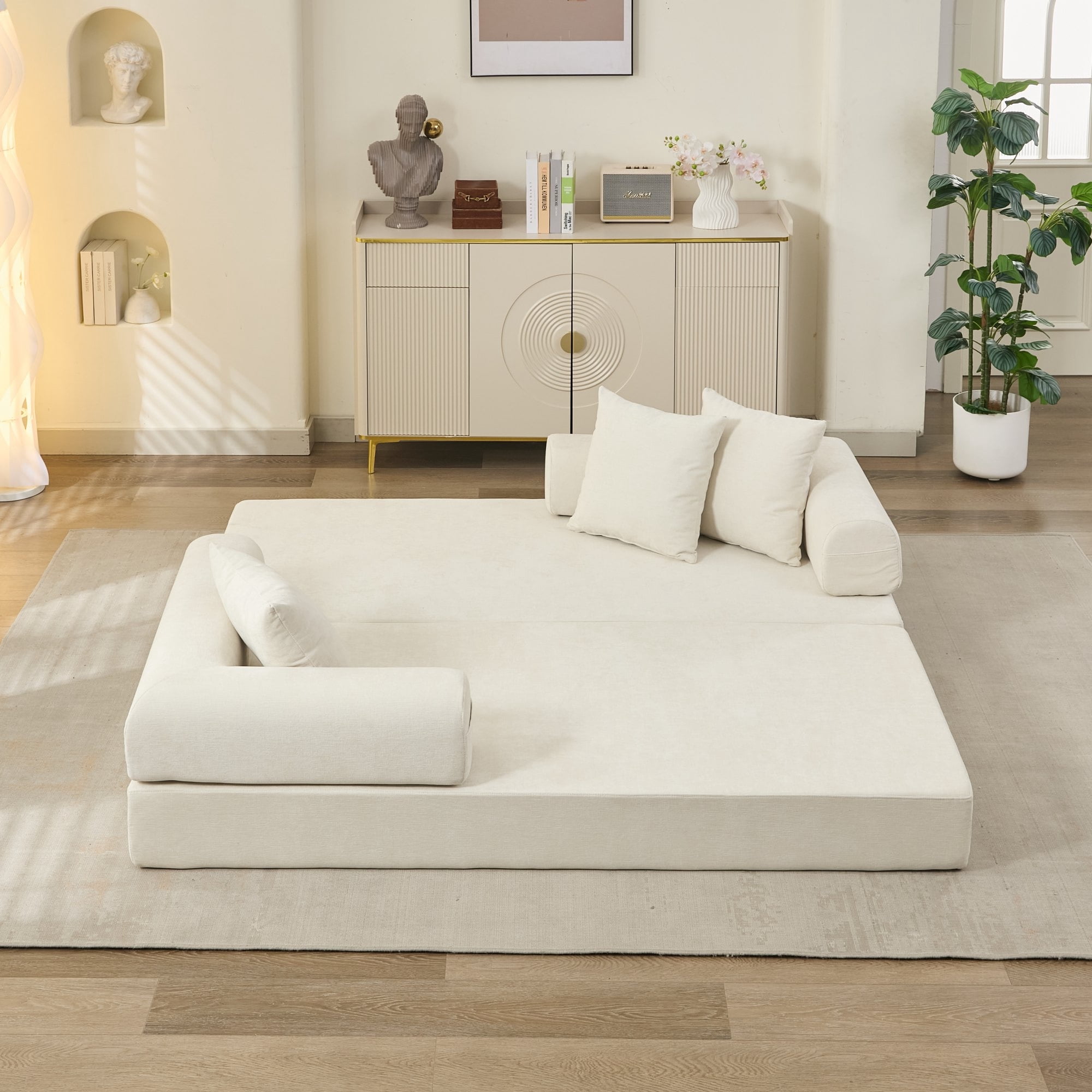 Aukfa Convertible Sleeper Sofa Bed King Floor Futon Couch for Living Room Bedroom, Chenille, Beige
