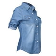 thumbnail image 2 of Womens Pockets Blue Loose Jean Soft Denim Blouse Jumper V-neck Long Sleeve Shirts Tops Blouses Sunsuit Clothes Outwear, 2 of 7