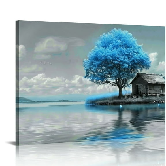 FCXZI Canvas Wall Art Decor - Blue Gray Wall Art for Bedroom Study Dining Room, Winter Landscape Wall Art Canvas Paintings, Moon Pictures Wall Decor, Tree Art Wall Decor, 16x12in