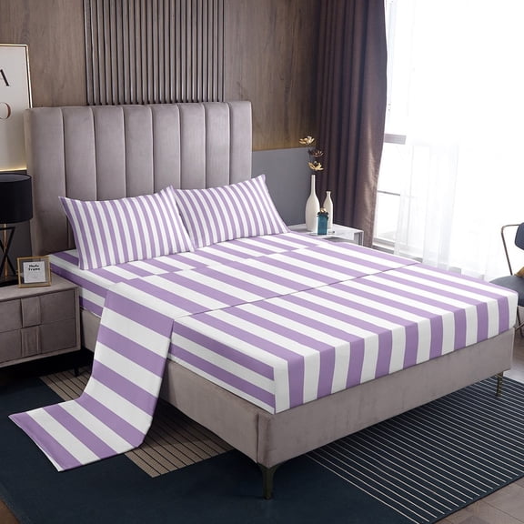 Erosebridal Purple Stripes Twin Sheet Sets, Geometry Abstract Bed Sheets Twin, Minimalism Bedding Twin Size, Microfiber Bedroom Decoration, 3pcs