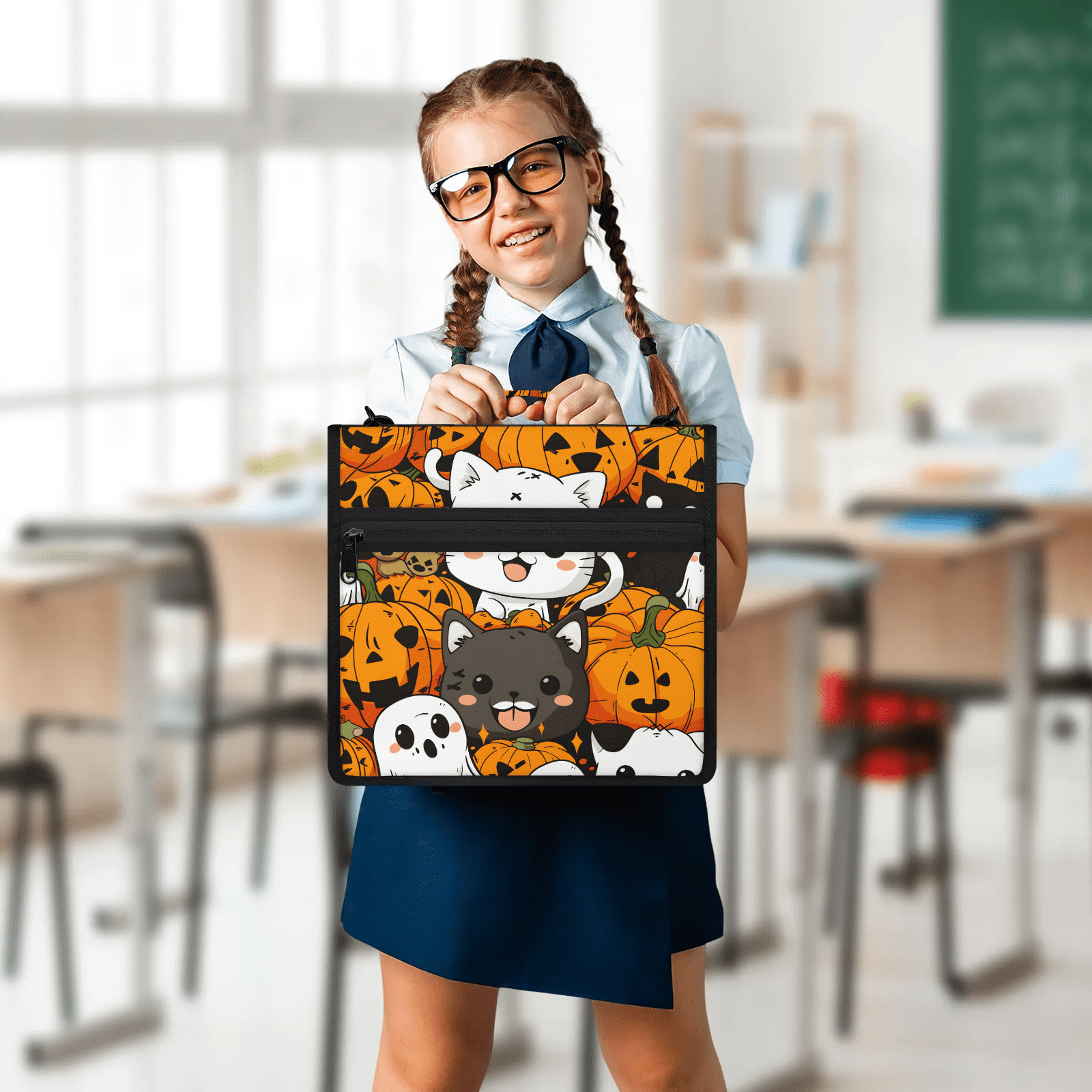 Herdesigns Halloween Pumpkin Zipper Binder 1.5 Inch 3 D-Rings with Shoulder Strap & Handle, Waterproof Cute Cat Binder Organizer Bag for 13 Inch Laptop