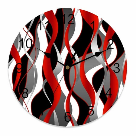 Silent Wall Clocks Battery Operated, Red Black Grey Abstract Stripe Round Decorative Wall Clock for Living Room Bedroom Kitchen Bathroom Classroom Decor, 12 Inch Modern Twisted Lines