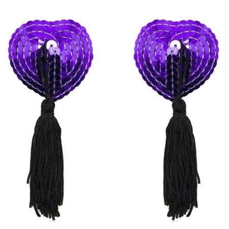 1 Pair Reusable Sexy Breast Bra Tassel Self Adhesive Womens Silicone Pasties Heart Shape Bra Nipple Covers Women Lingerie PURPLE&BLACK