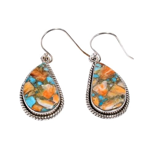 Orange Spiny Oyster Turquoise Stone 925 Sterling Silver Handmade Dangle Earrings Jewelry Gift for Women