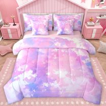 Homewish Watercolor Splatter Ink 7pcs Bedding Comforter Set,Ink Painting Queen Bedding Sets,Pink Purple Ombre Queen Sheet Sets For Girls Kids,Super Cozy Room Decor Reversible