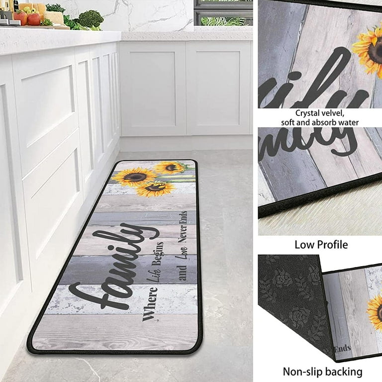 Boho Sunflower Anti Fatigue Kitchen Rugs, Vintage Absorbent Non