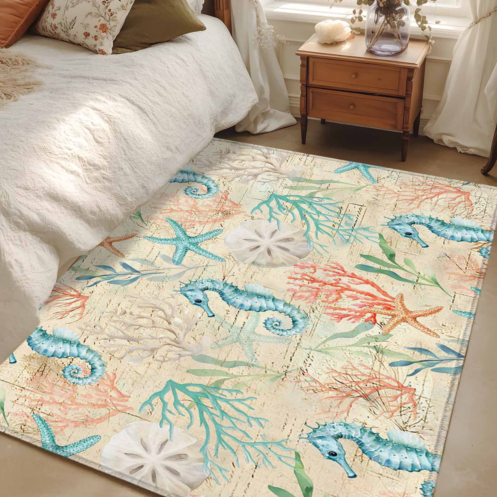 Area Rugs for Living Room Bedroom, Teal Red Coastal 4'x6' Rug Washable Carpet Runner Indoor Outdoor, Nautical Seahorse Beach Coral Starfish Beige Non Slip Accent Floor Mats Rug for Kitchen, Office