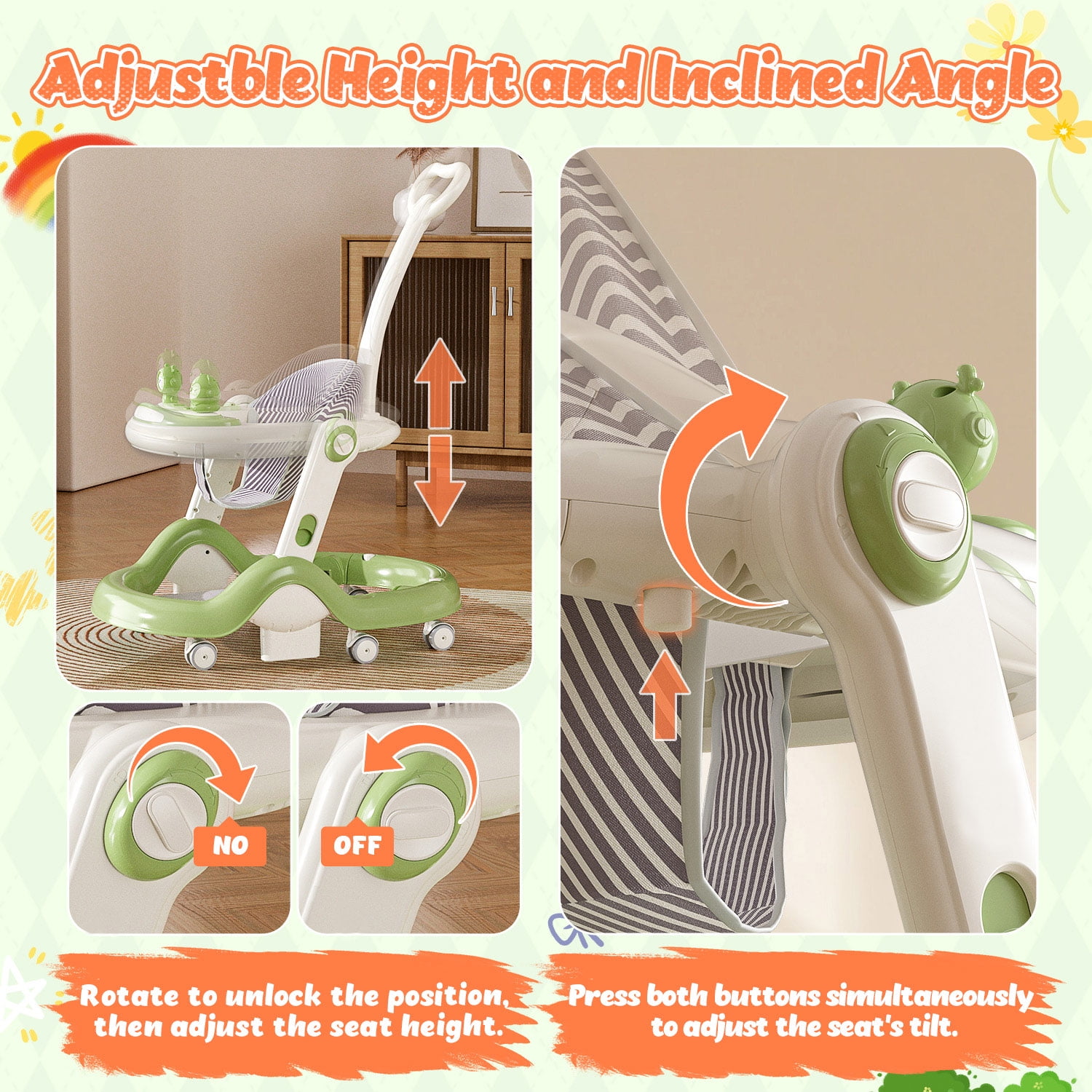 WonderStone 5 in 1 Baby Walker, Foldable Push Walker with Wheels, Music & Light, Baby Bouncer, Baby Activity Center for Boy Girl 6-12 Months (Green)