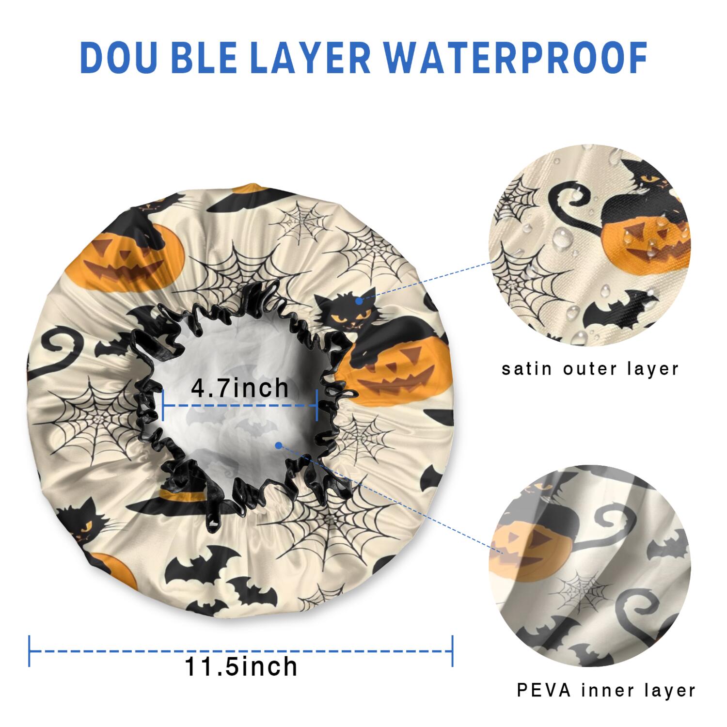 Shower Caps,Black Cat Pumpkin Halloween Pattern Waterproof Shower Cap for Women 4 Pieces,Double Reusable Hair Cover for Shower PEVA Elastic Stretch Hem