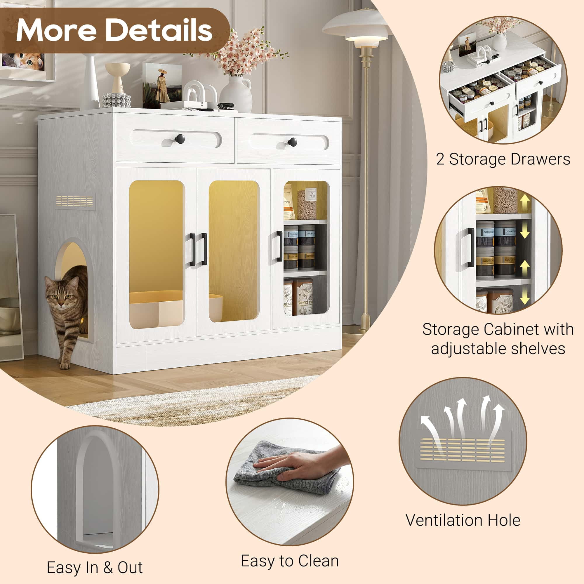 Cat Litter Box Enclosure with Glass Door and Side Access, Hidden Kitty Cabinet with Storage Drawers and Built-in Light, Indoor Cat House Side Table, White